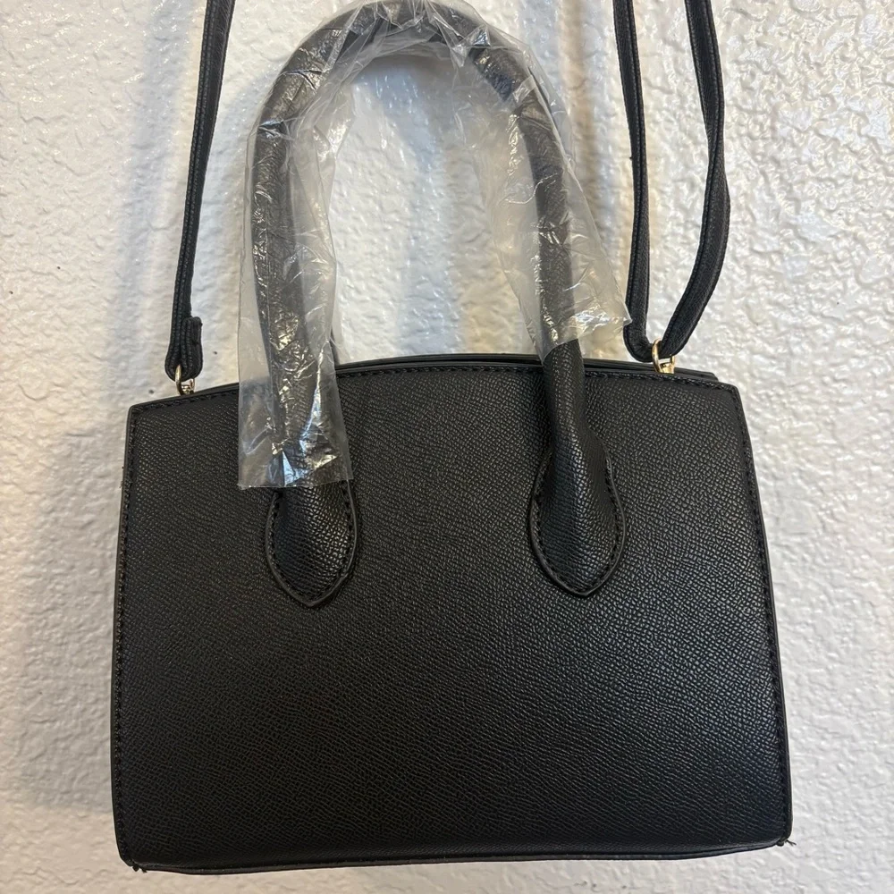Black Structured Top Handle Satchel Handbag Women Faux Leather Gold Lock